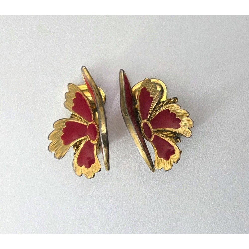 Vintage Red Enamel‎ Butterfly Wings Clip-on Earrings Gold Tone Retro Estate NMR